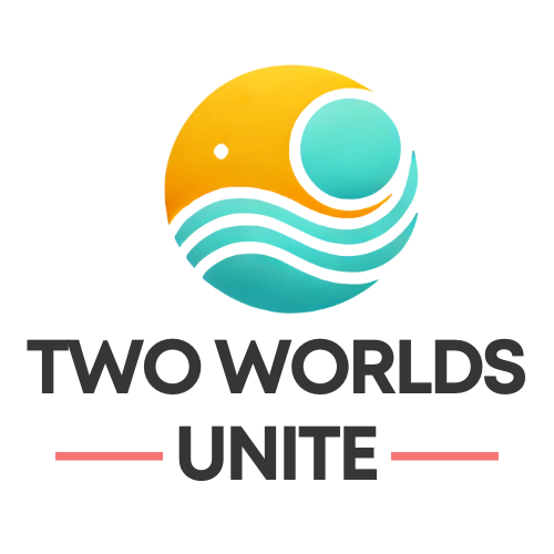 Two Worlds Unite logo with a yellow sun, turquoise moon, and flowing wave lines representing harmony and unity.